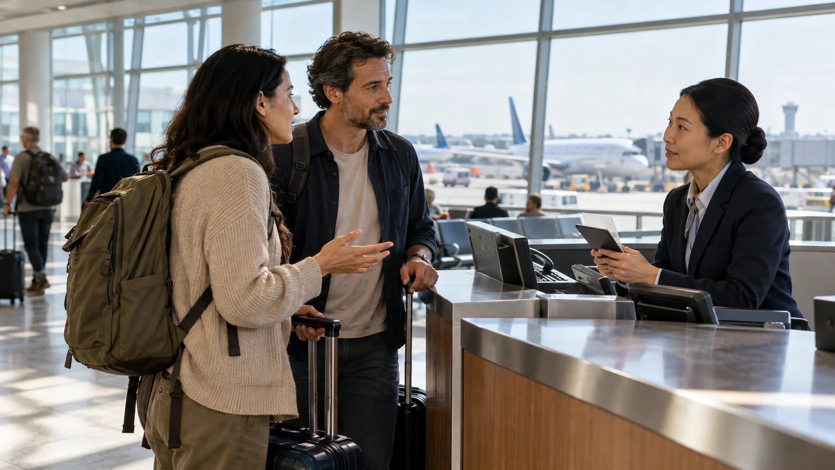 Passengers speaking with an airport service representative