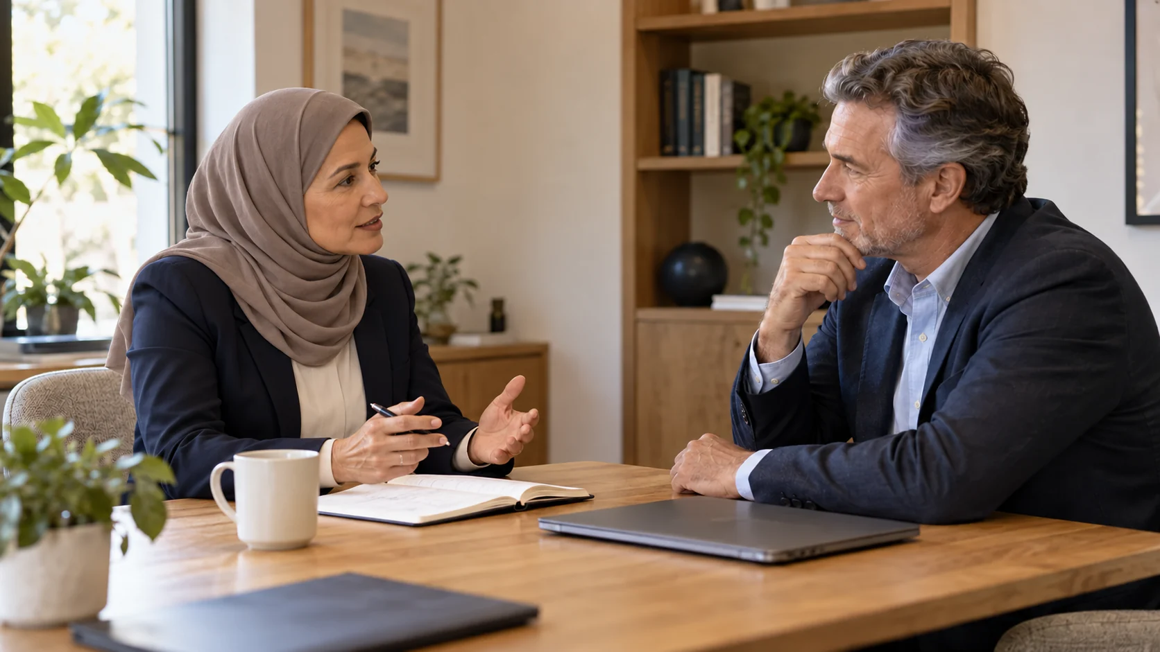 Financial advisor in a tudung discussing client objectives