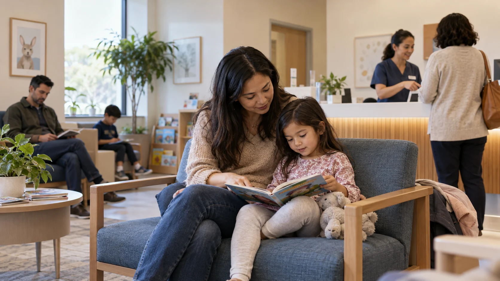 Mother and daughter in a hospital waiting area