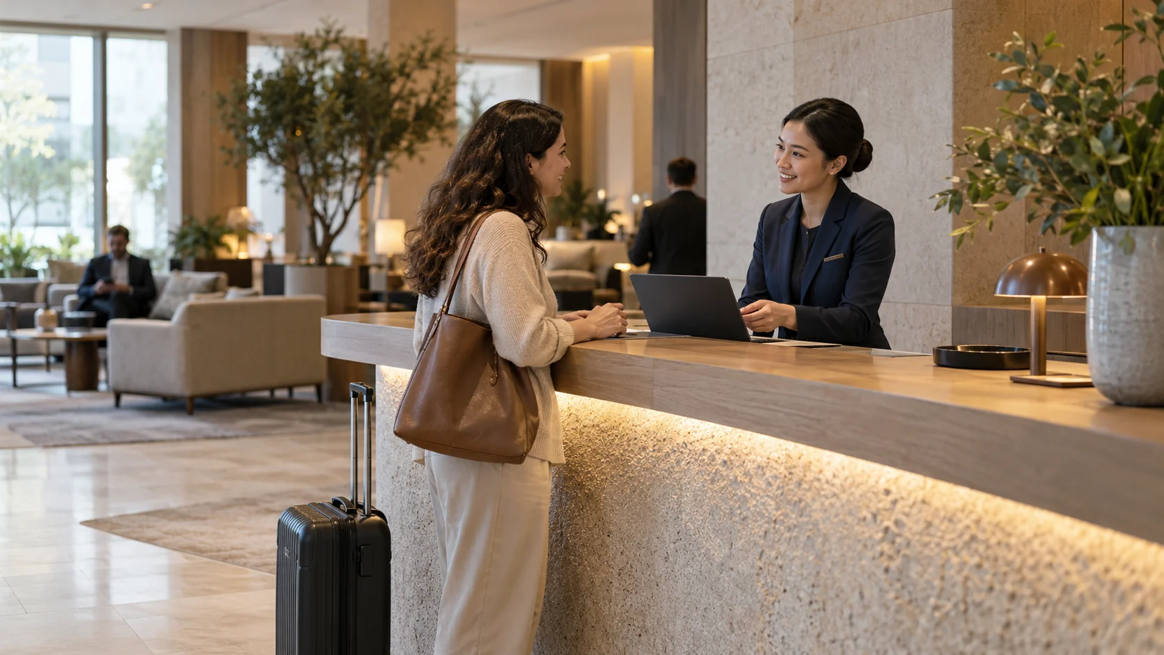 Hotel guest speaking with a reception colleague