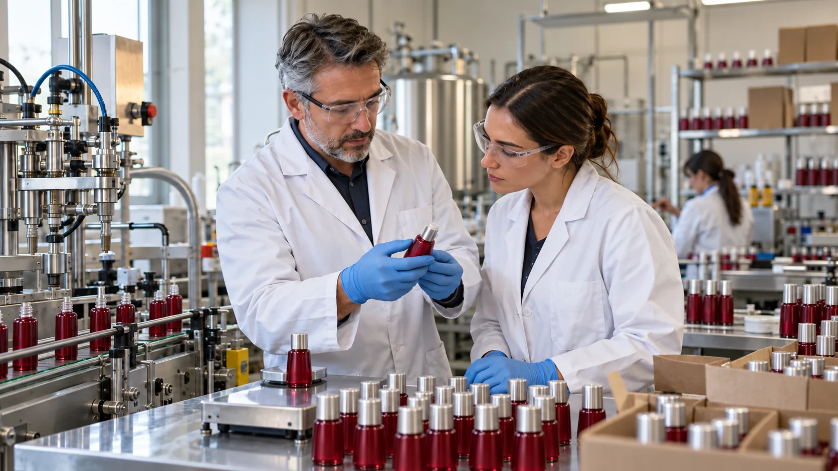 Beauty manufacturing specialists inspecting a premium serum bottle