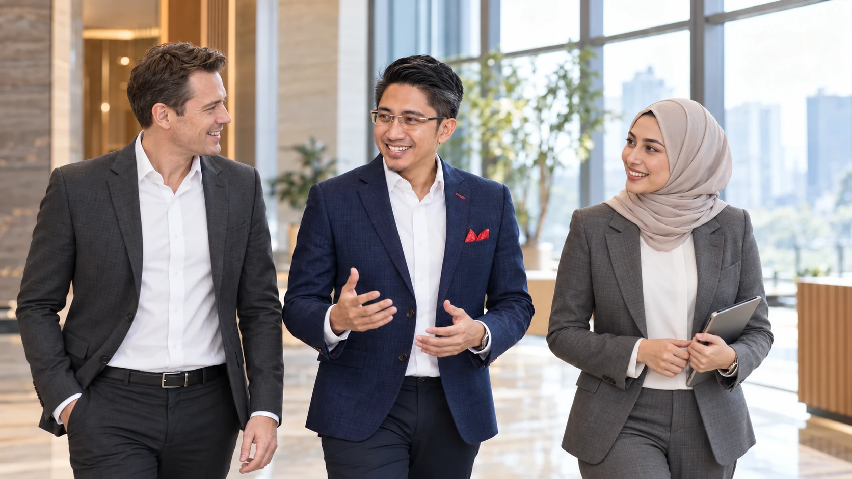 Shafeeq Zulkifli walking and talking with colleagues in a bright modern office lobby